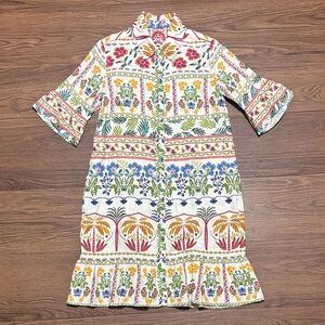 Johnny Was Linen Floral Boho Shirt Dress Flounce Hem XS Resort